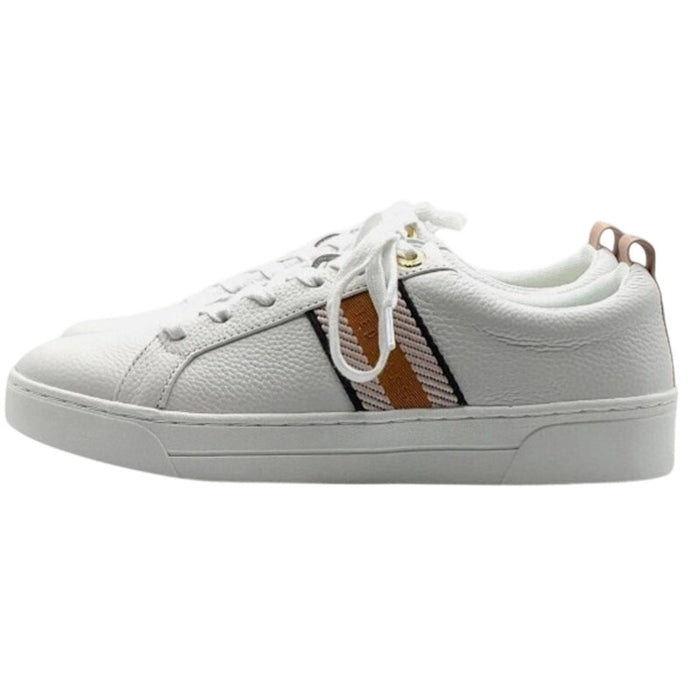 Pink and white Ted Baker Bailey Icon leather sneakers with a sleek design, size 7/8.5, on a clean background.