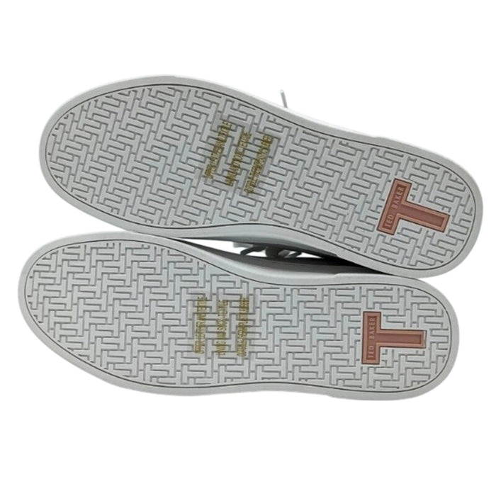 Ted Baker Bailey Icon pink and white leather sneakers with size 7/8.5, featuring stylish design and branded details.