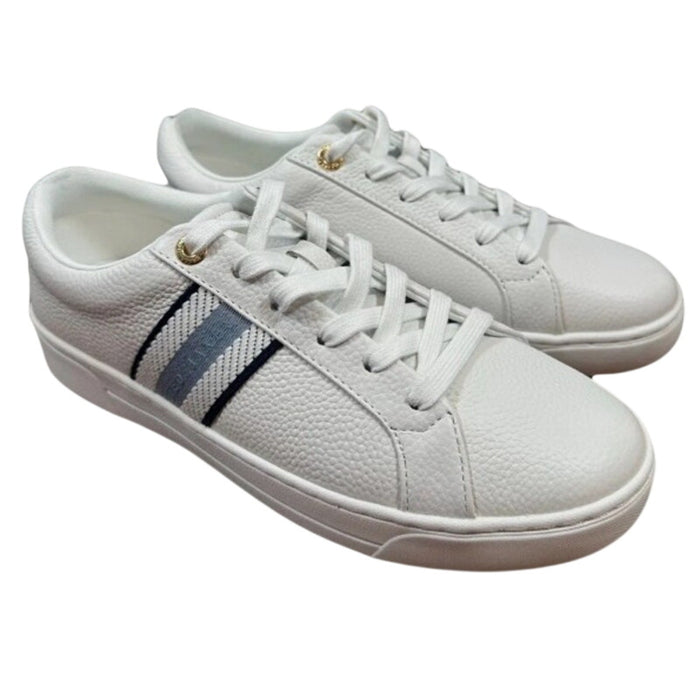 Ted Baker Bailey Icon leather sneakers in white and blue, featuring sleek design and casual comfort, size 8.5/7.5/6.5.
