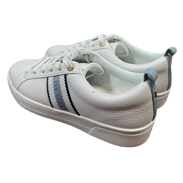 Ted Baker Bailey Icon leather sneakers in white and blue, size 8.5, 7.5, or 6.5, showing a stylish casual footwear design.