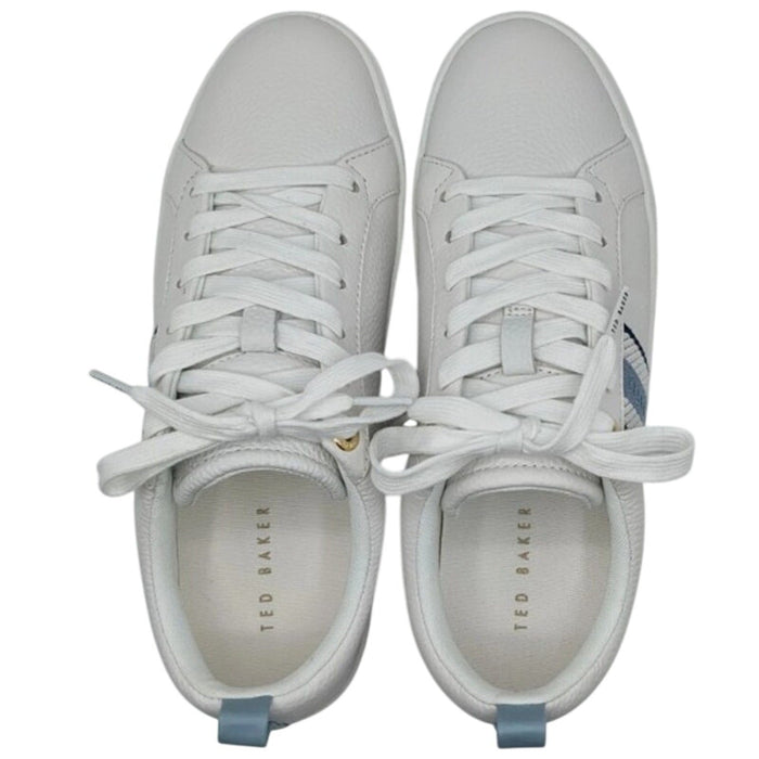 White and blue Ted Baker Bailey Icon leather sneakers, size 8.5, 7.5, or 6.5, with sleek design and textured leather details.