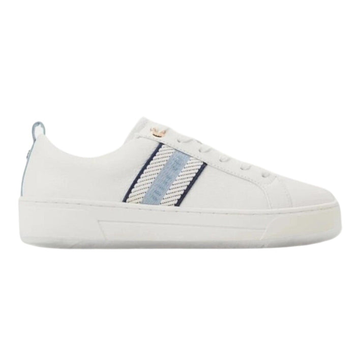 Ted Baker Bailey Icon leather sneakers in white and blue, shown in size 8.5/7.5/6.5, with detailed leather and sporty design.