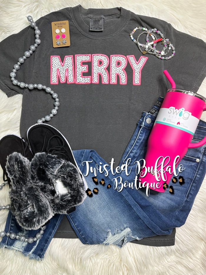Tee Charcoal {MERRY DOTS} Faux Print+ Pink Charcoal Crew Neck Tee