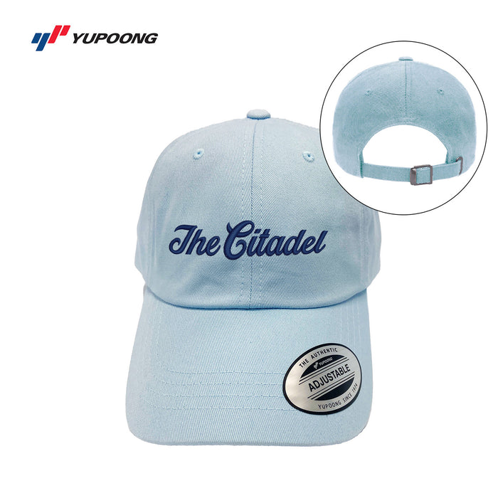 The Citadel, Script, Yupoong Adult Low-Profile Cotton Twill Dad Cap- Light blue