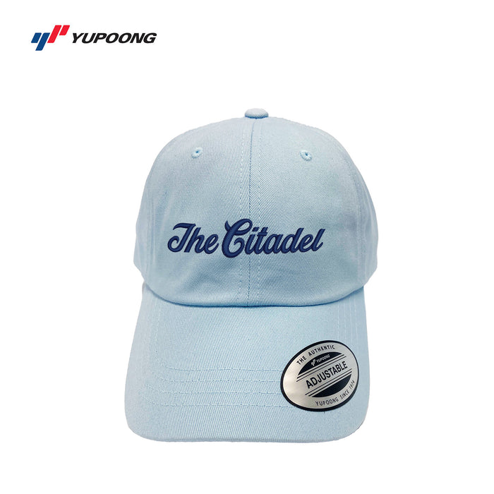 The Citadel, Script, Yupoong Adult Low-Profile Cotton Twill Dad Cap- Light blue