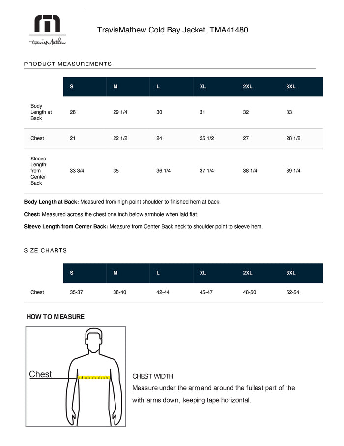 The Citadel, TravisMathew Cold Bay Jacket -  Size chart