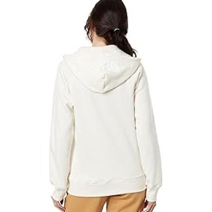 Women's The North Face Proud Full-Zip Hoodie in Gardenia White, shown on a hanger with front view and full zipper detail.
