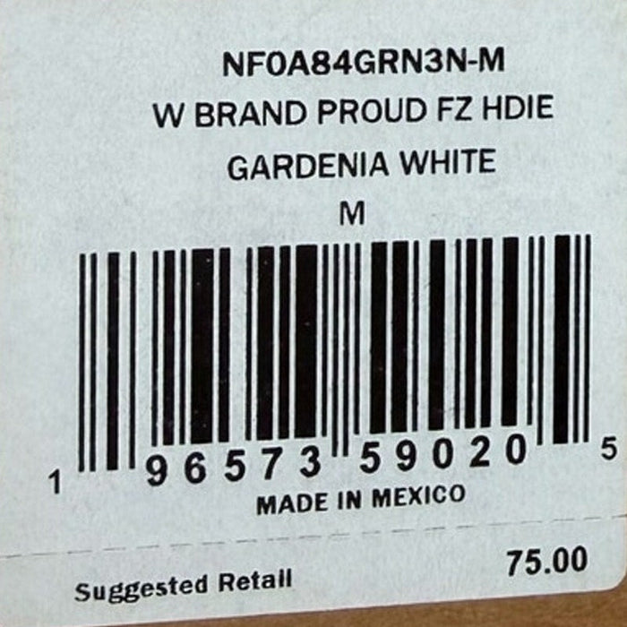 The North Face women's full-zip hoodie in Gardenia White, showing the hoodie laid flat with a visible logo on the chest.