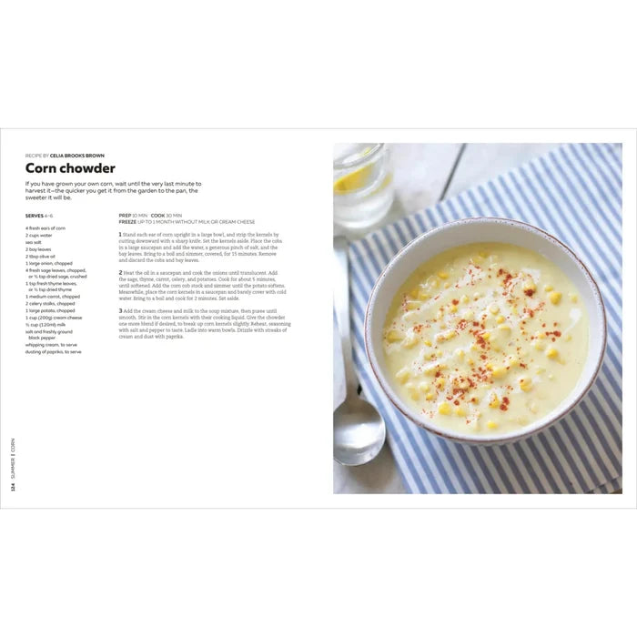 Open soup cookbook showing recipe text and a bowl of creamy soup