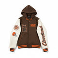 Women's Cleveland Browns varsity jacket by The Wild Collective, featuring team logo and varsity style in small size.
