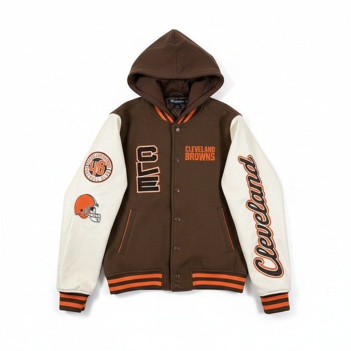 Women's Cleveland Browns varsity jacket by The Wild Collective, featuring team logo and varsity style in small size.