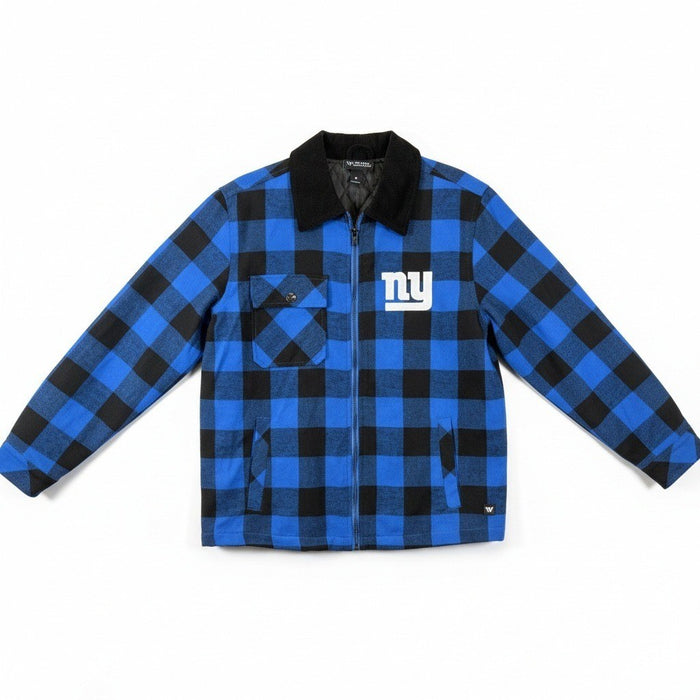 The Wild Collective NY Giants flannel jacket showing a navy and white plaid pattern with team logo on the front.