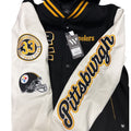 Women's Pittsburgh Steelers varsity jacket by DSG featuring team logo, navy and white design, and classic varsity style.