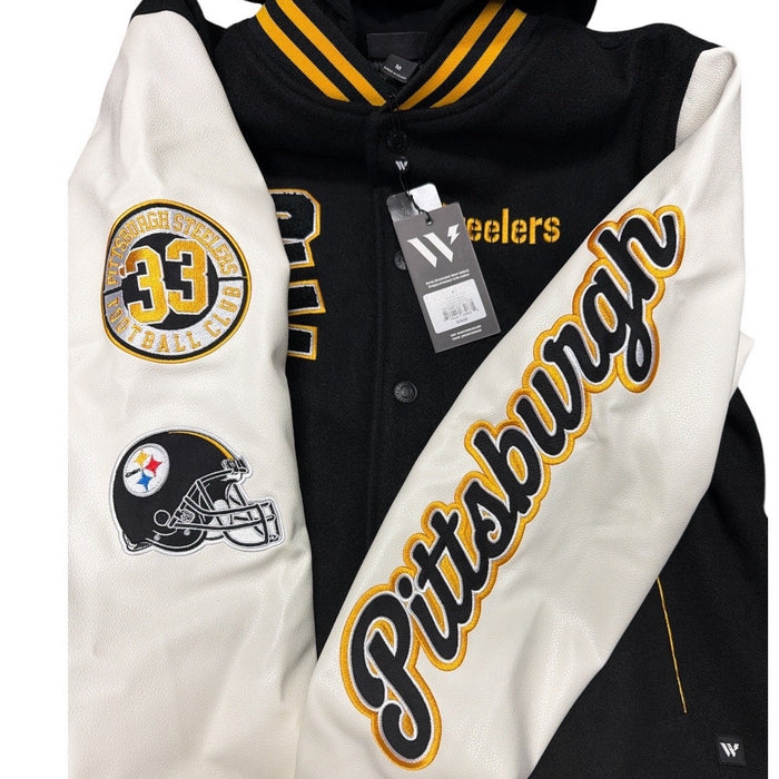 Women's Pittsburgh Steelers varsity jacket by DSG featuring team logo, navy and white design, and classic varsity style.