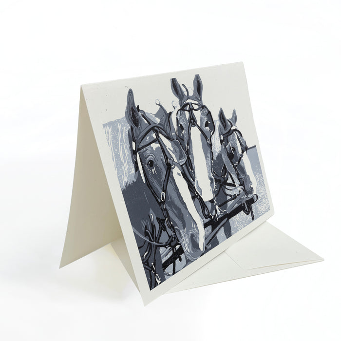 Three Horse Team greeting card by Natalia Wohletz of Peninsula Prints, Mackinac Island.