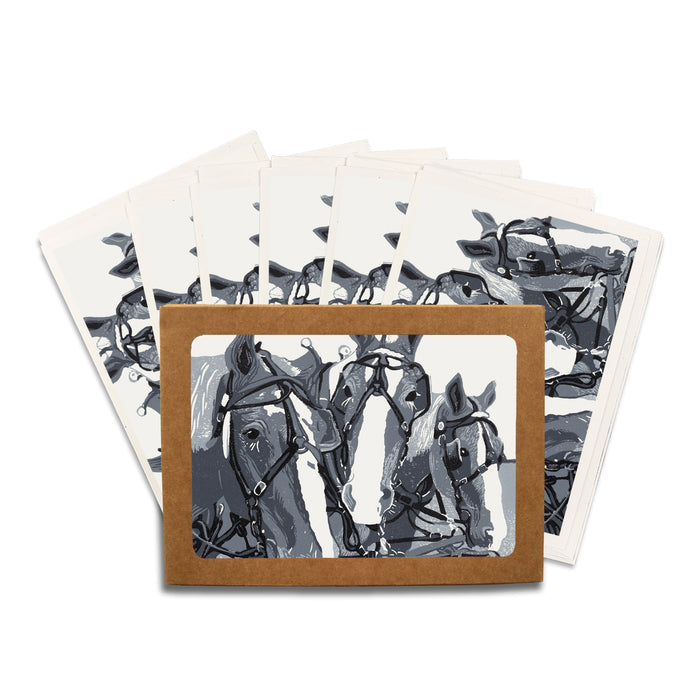 Three Horse Team greeting card by Natalia Wohletz of Peninsula Prints, Mackinac Island.