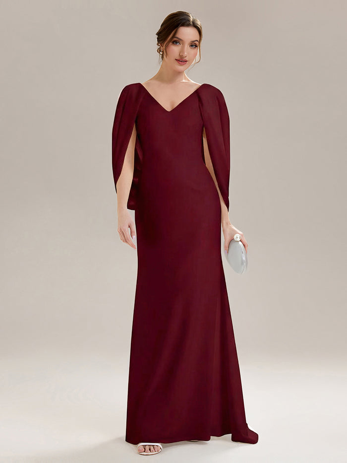 Tie-Front Knit Cape Sleeve Evening Dress #color_Burgundy