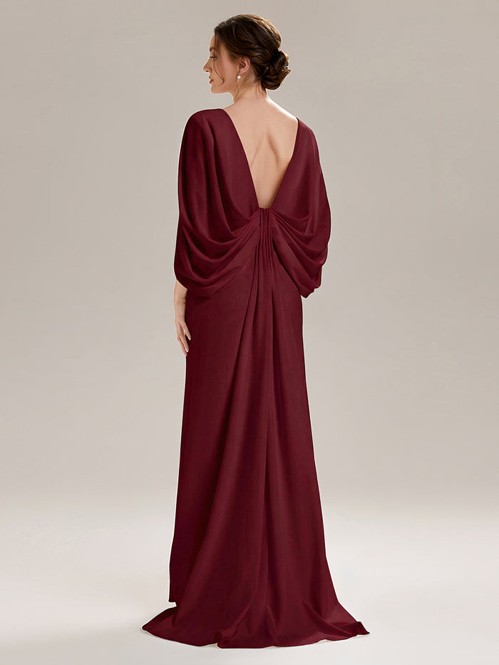Tie-Front Knit Cape Sleeve Evening Dress #color_Burgundy