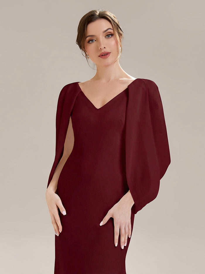Tie-Front Knit Cape Sleeve Evening Dress #color_Burgundy