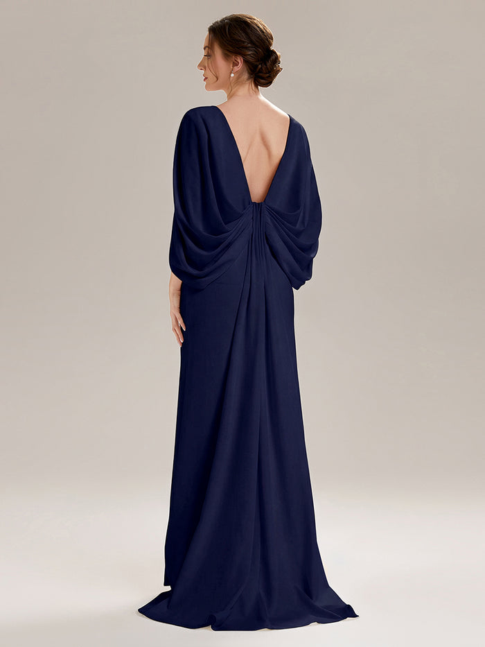 Tie-Front Knit Cape Sleeve Evening Dress #color_Navy Blue