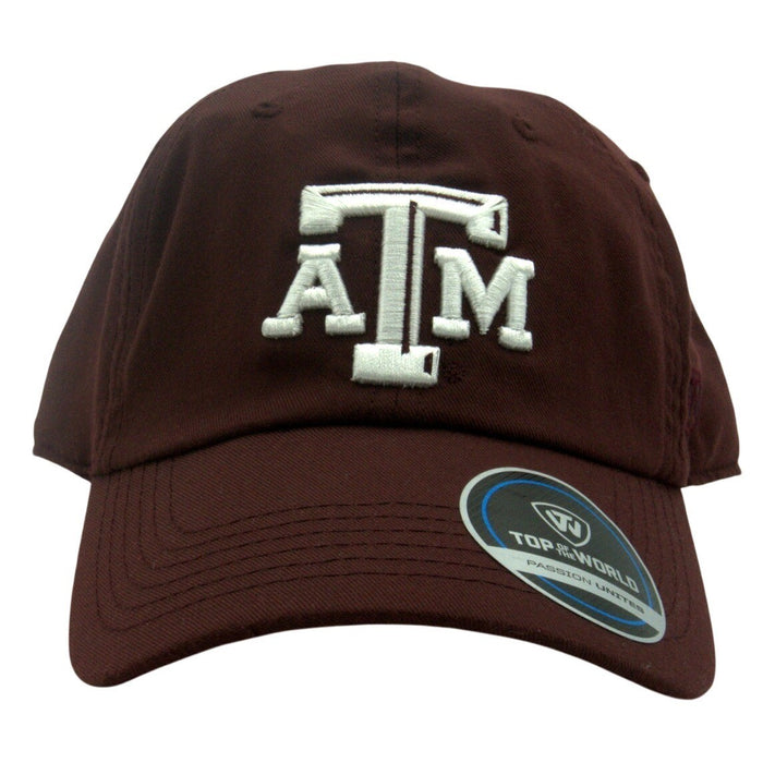 Top Of The World Texas A&M Aggies women's embroidered hat with adjustable strap, featuring team logo and university colors.