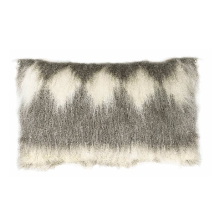 Recycled wool pillow with high-pile fuzzy striped pattern, light and dark gray