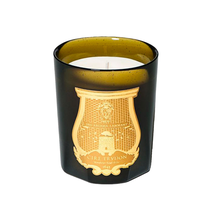 Trudon black glass candle jar with gold crest label and visible wax top