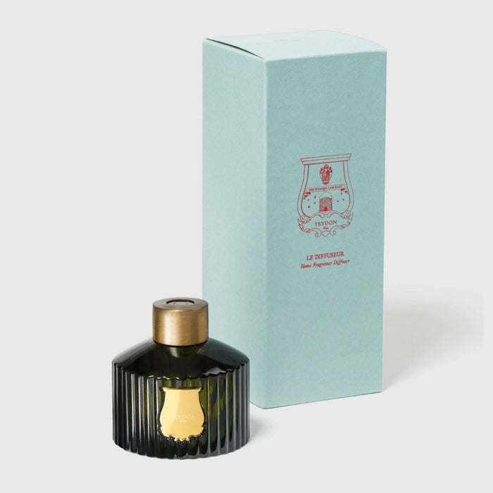 Black ribbed glass reed diffuser bottle with gold collar, beside turquoise gift box