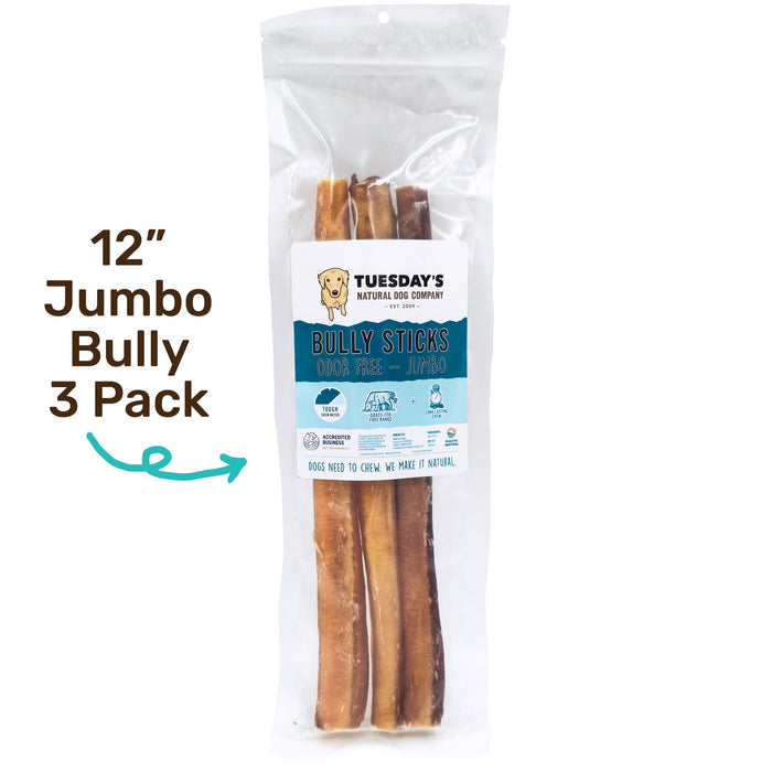 Tuesday's Natural Dog Company 12" Jumbo Bully Sticks Odor Free