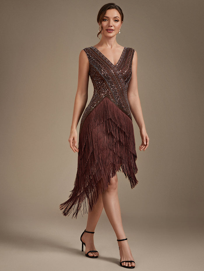 Tulle Cap Sleeve Asymmetrical Hem Cocktail Dress #color_Brown