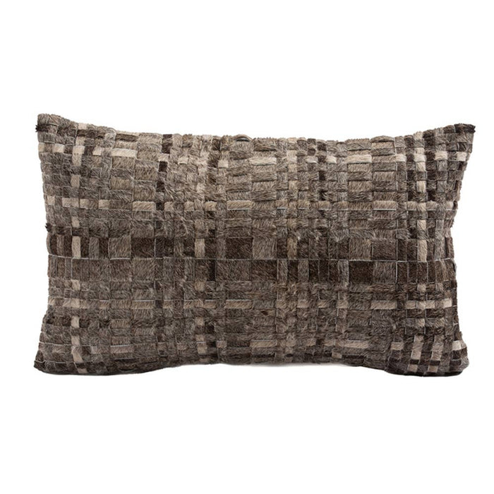 Gray checkered tweed pillow with textured leather hair-on hide surface