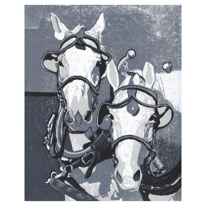 Horse art created by Natalia Wohletz of Peninsula Prints.  Based upon the Percherons of Mackinac Island, this original block print titled Two Horse Team speaks to the strength and beauty of horses.
