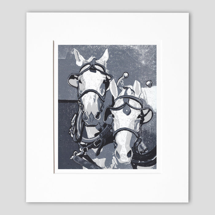 Horse art created by Natalia Wohletz of Peninsula Prints.  Based upon the Percherons of Mackinac Island, this original block print titled Two Horse Team speaks to the strength and beauty of horses.