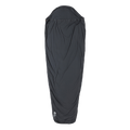 The Big Agnes Returns UL Recovery Sleeping Bag Liner, shown in black against a white background, is ultralight and shaped to fit a mummy sleeping bag with a narrower bottom and hooded top for comfort.