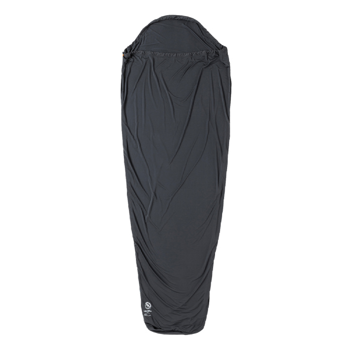 The Big Agnes Returns UL Recovery Sleeping Bag Liner, shown in black against a white background, is ultralight and shaped to fit a mummy sleeping bag with a narrower bottom and hooded top for comfort.