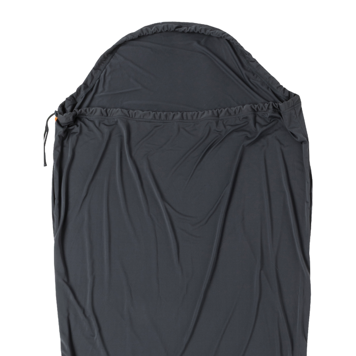 The Big Agnes Returns UL Recovery Sleeping Bag Liner is an ultralight, dark gray liner with a hood, drawstring, and smooth fabric, designed for recovery and shown flat on a white background.