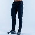 Dark training jogger pants with elastic waistband and tapered legs, ankle cuffs