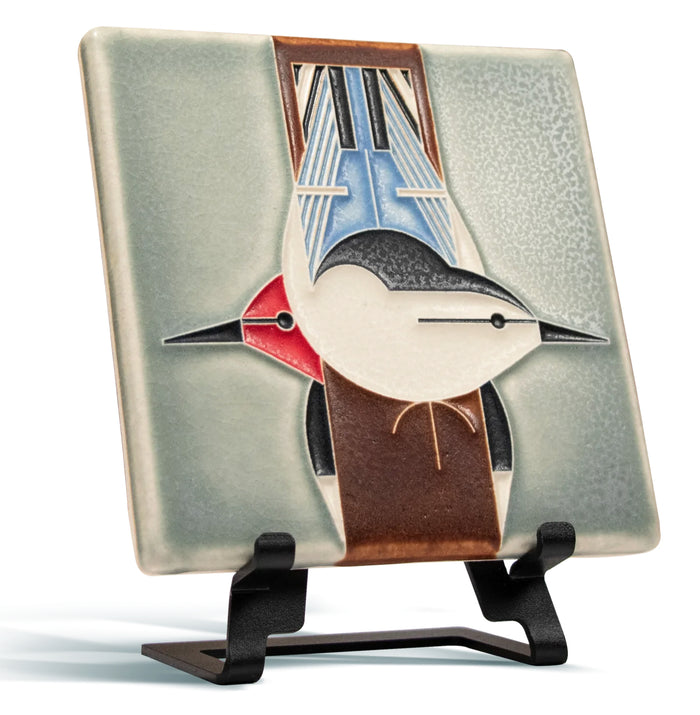 "Upside Downside" art tile is features the design of the Charlie Harper lithograph of the same name. Each art tile is handmade by Motawi in Ann Arbor, Michigan.