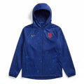Nike USA men's blue splatter soccer anthem windbreaker jacket, medium size, lightweight jacket with Nike branding and graphic design.