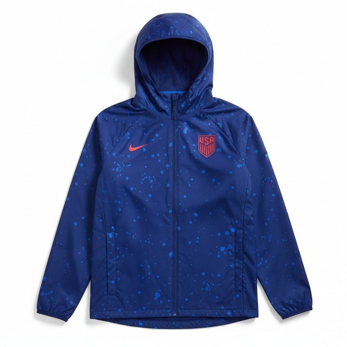 Nike USA men's blue splatter soccer anthem windbreaker jacket, medium size, lightweight jacket with Nike branding and graphic design.