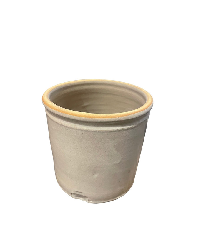 Gray ceramic utensil crock with open top and light rim