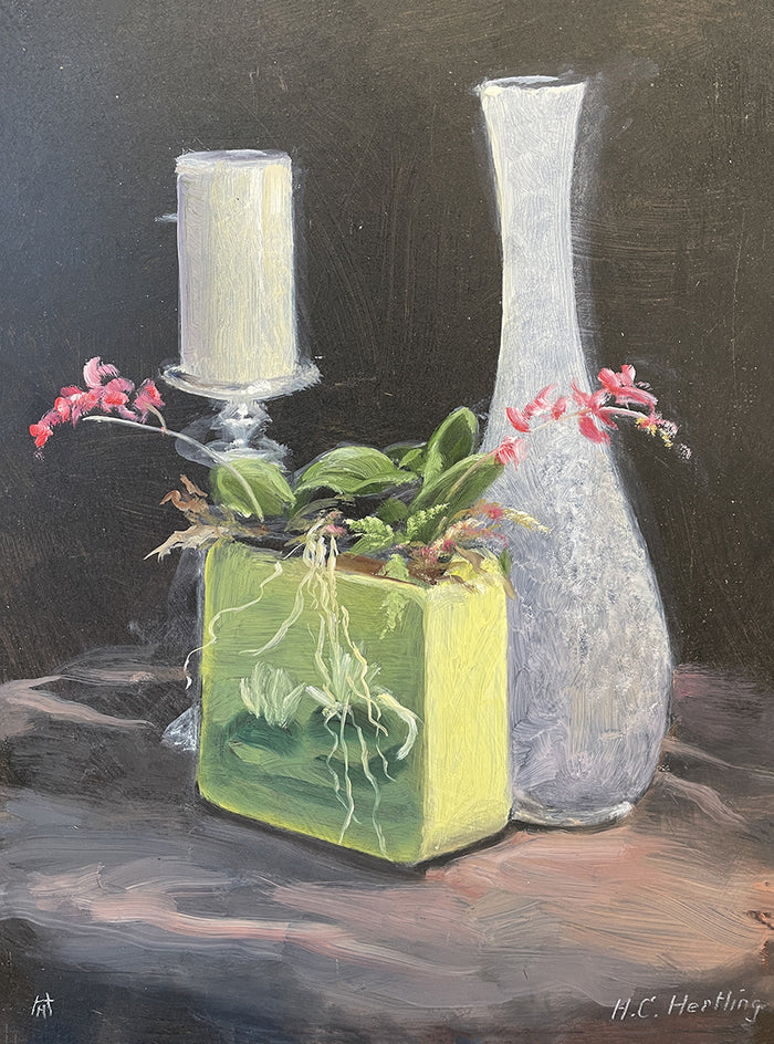 Heiner Hertling’s oil painting presents a still life of a vase adorned with flowers handpicked from his garden.