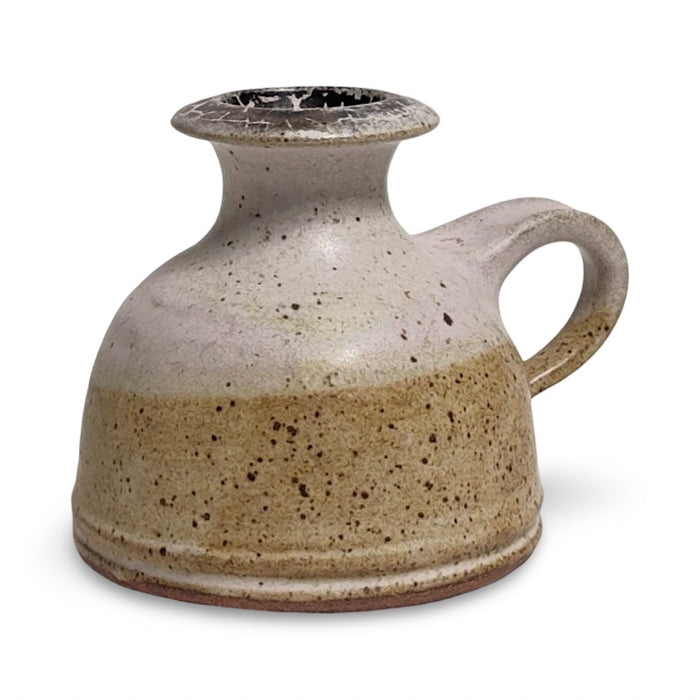 Speckled stoneware vase with side handle and flared neck, gray and tan.