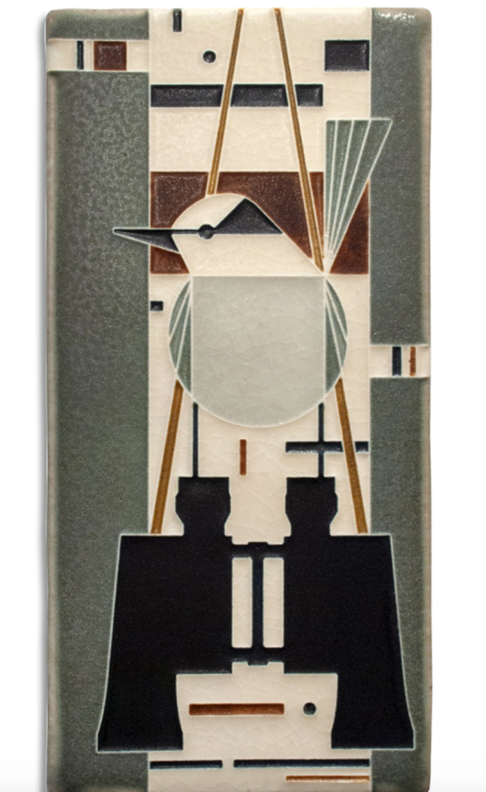 A rectangular ceramic art tile featuring a gray jay bird perched on a branch with a abstract geometric background in shades of gray, brown, and white. Handmade by Motawi.