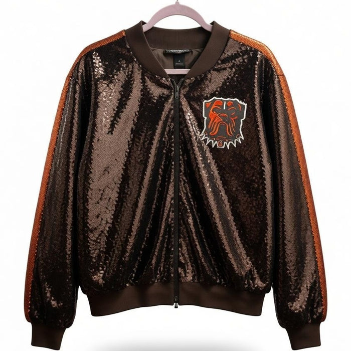 NFL Wild Collective Cleveland Browns women's sequin bomber jacket in brown and orange, size XL, with shiny sequin details