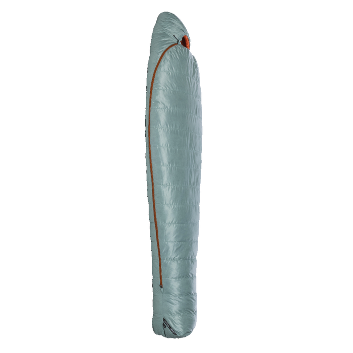 The Big Agnes Returns Women's Greystone 30° sleeping bag, in light blue with DownTek insulation and a diagonally placed orange zipper, stands upright in a mummy-style shape against a plain white background.