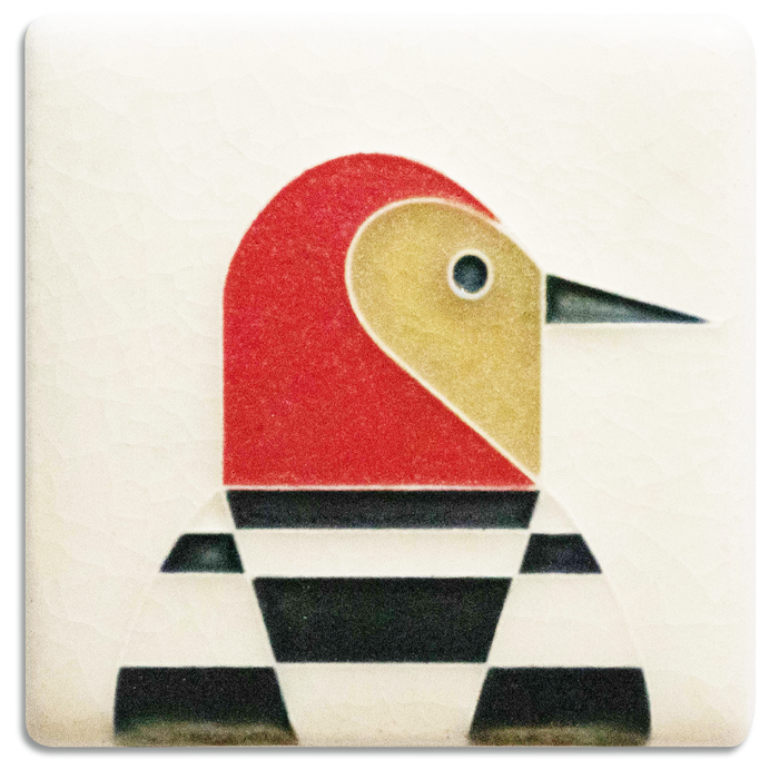 Cream Woodpecker 3x3 art tile handmade by Motawi in Ann Arbor, Michigan.