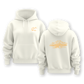 White hoodie with orange graphics on a white background